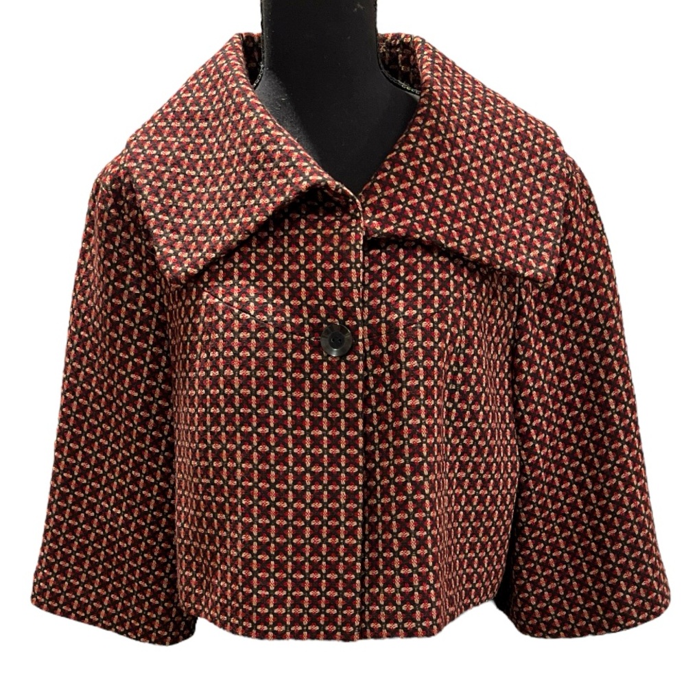 VINTAGE LIZ CLAIBORNE CROPPED‎ TWEED TOPPER JACKET BLACK,RED & CREAM SIZE LARGE